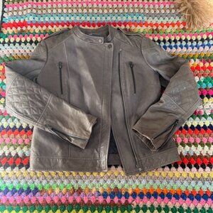 Vince Quilted Leather Moto Biker Jacket Grey XSmalll